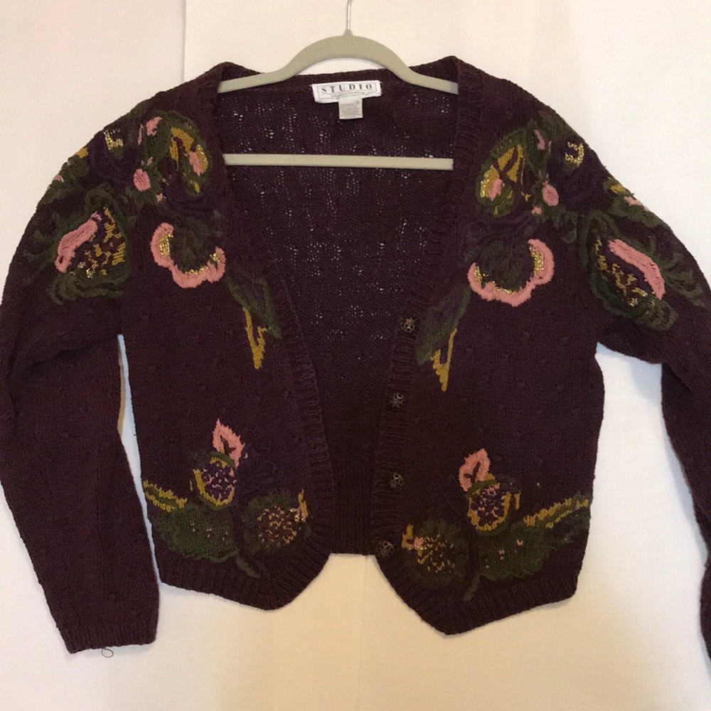 Vintage Chunky Knit Embroidered Maroon Cardigan M